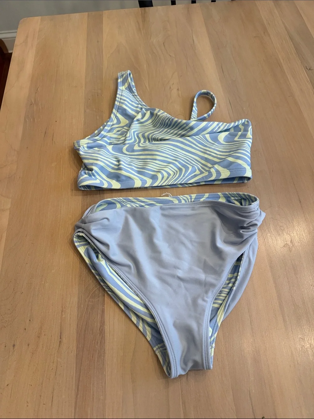 Athleta Girls Swirl-Print Blue and Pale Yellow Bikini Set